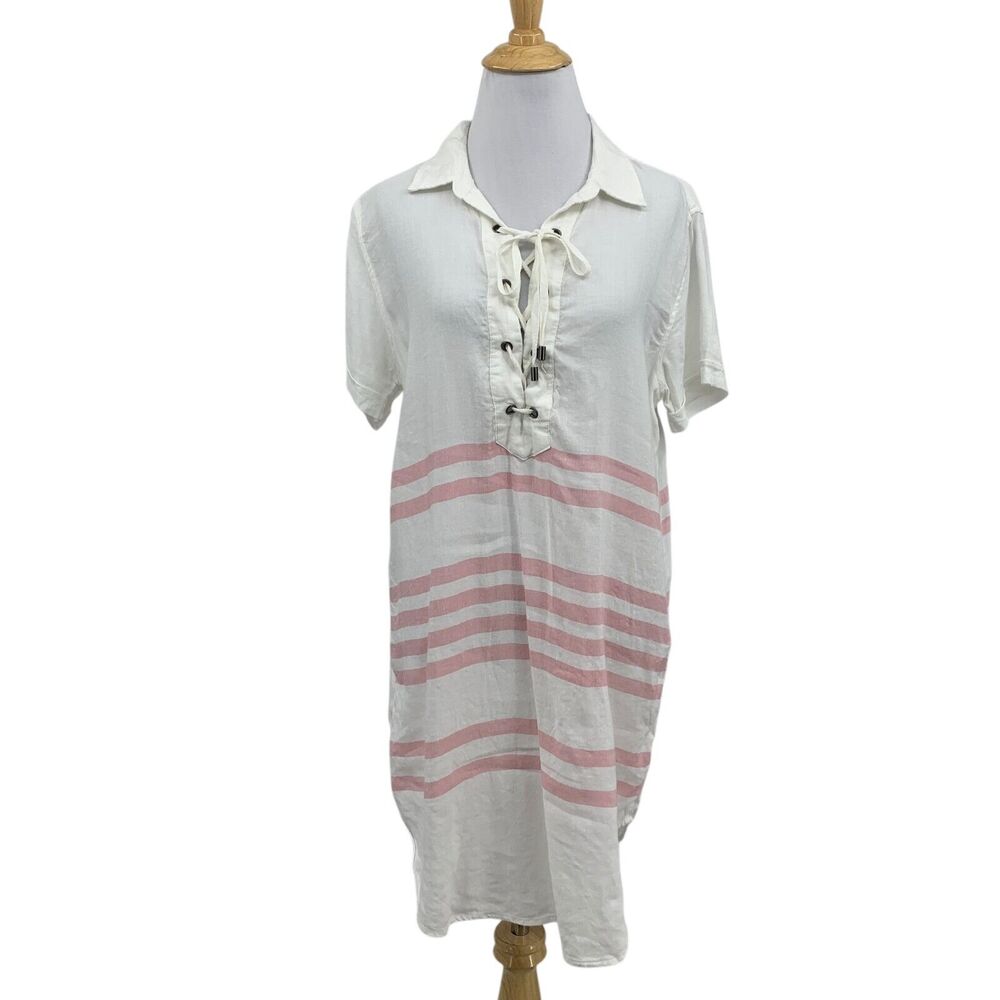 Rails Dress Womens M Medium Multi Linen Blend Rocky Stripe Lace Up Short Sleeve